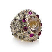 Todd Reed Ring with morganite (11.59ctw), rubies (3.12ctw) and cabochon diamonds (8.82ctw) in 18k yellow gold.